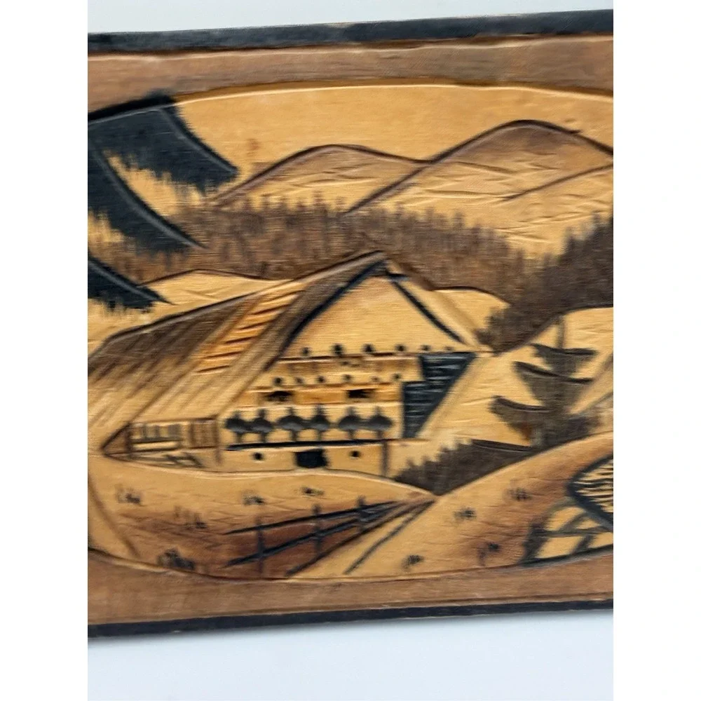 Wood Carved Mountain Village Scene Wall Plaque